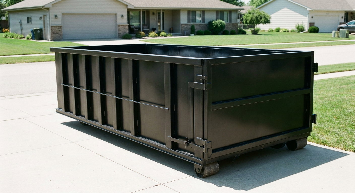 Matte-black 10-yard roll-off dumpster on a residential concrete driveway in Grand Rapids, uniformly painted matte black across every panel and rail, ribbed steel sidewalls and rear swing door visible, mid-day daylight.