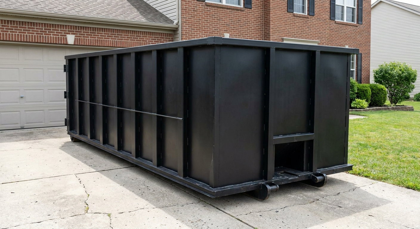 Matte-black 20-yard roll-off container on a Grand Rapids residential concrete driveway with reinforced ribbed steel sidewalls and a hinged rear walk-in door, clean bright daylight.