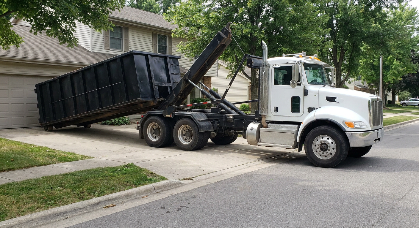 White-cab hooklift roll-off truck actively lowering a matte-black dumpster onto a Grand Rapids residential concrete driveway, the dumpster's rear wheels touching the driveway as the hoist arm tilts the bed forward, mid-morning daylight.