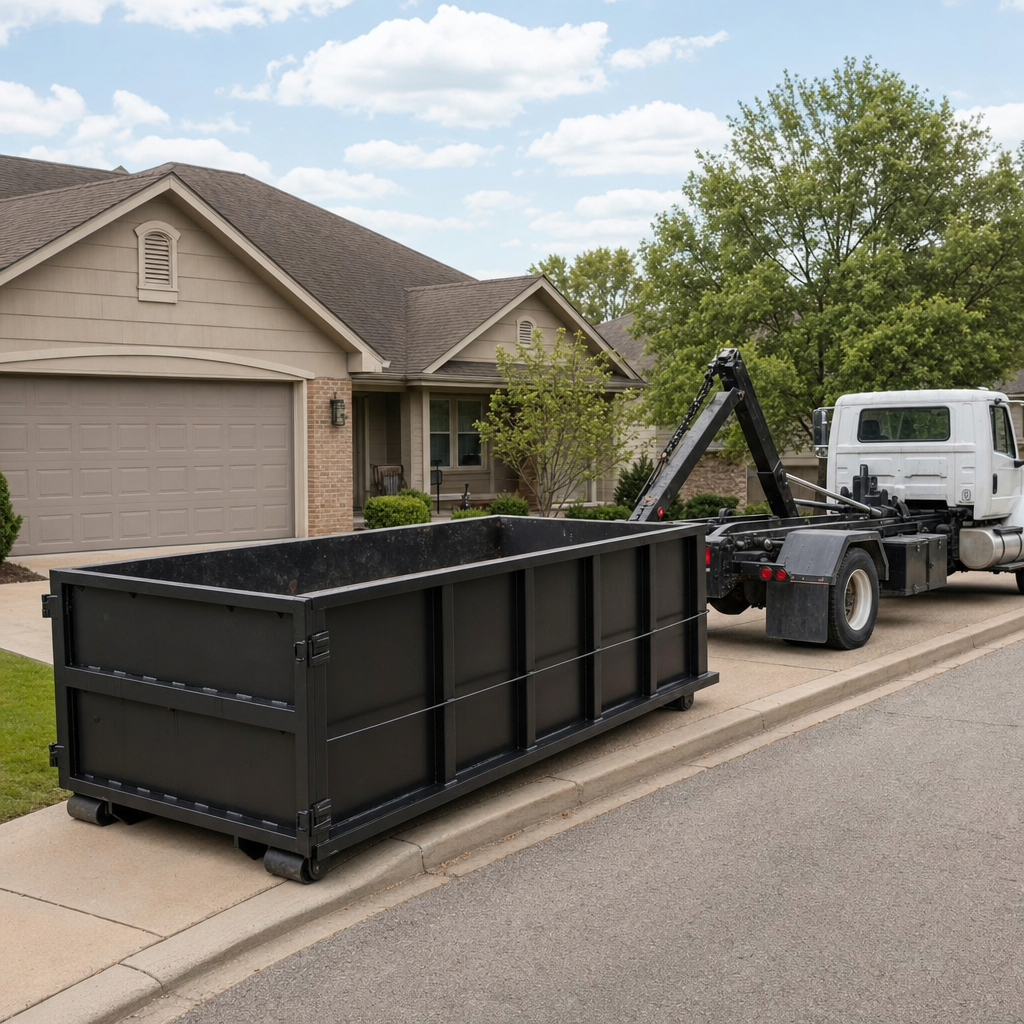 Wide documentary shot of a matte-black roll-off dumpster on a Grand Rapids residential driveway in the foreground and a contractor jobsite container in the soft-focus background, bright daylight, calm and orderly composition.