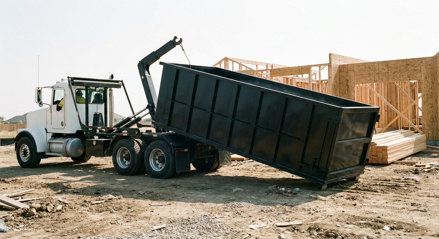 Matte-black roll-off dumpster being delivered onto a clean residential concrete driveway in Grand Rapids by an unmarked white hooklift hauler truck, bright morning daylight, documentary 35mm perspective.